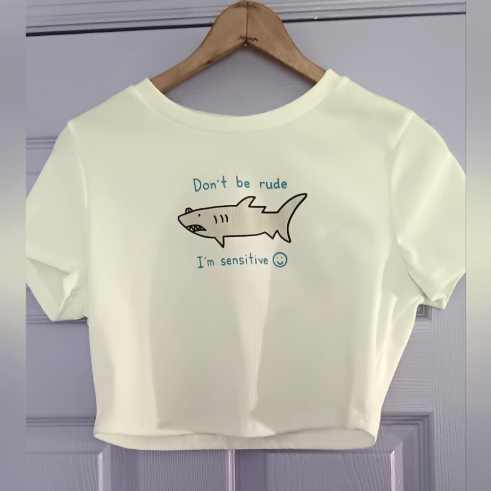 🔷️3-$15🔷️SHEIN | Shark Funny Graphic Ribbed  Crop Top T-Shirt Large